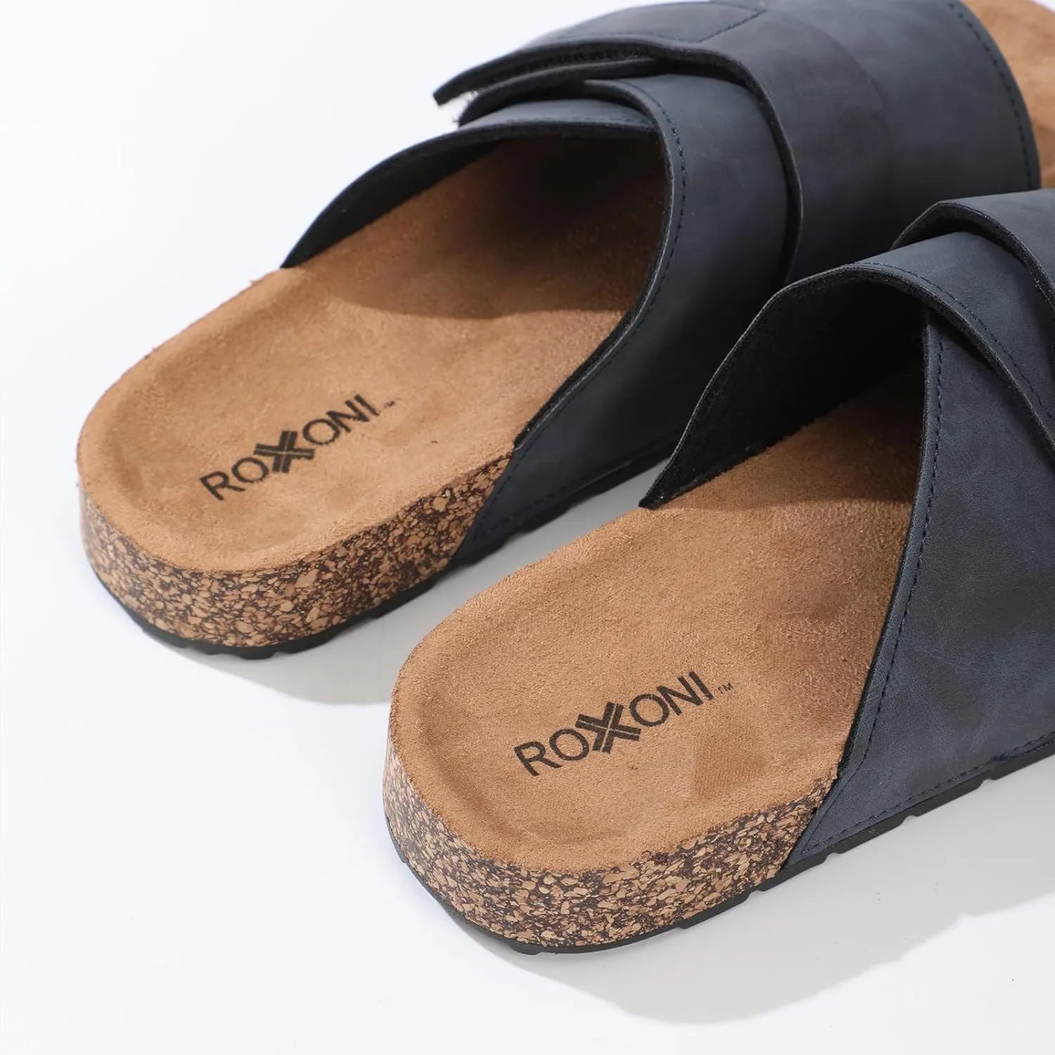 Roxoni Men's Dual Velco Straps Suede Covered Moulded Faux Cork Midsole Eva Rubber Sole