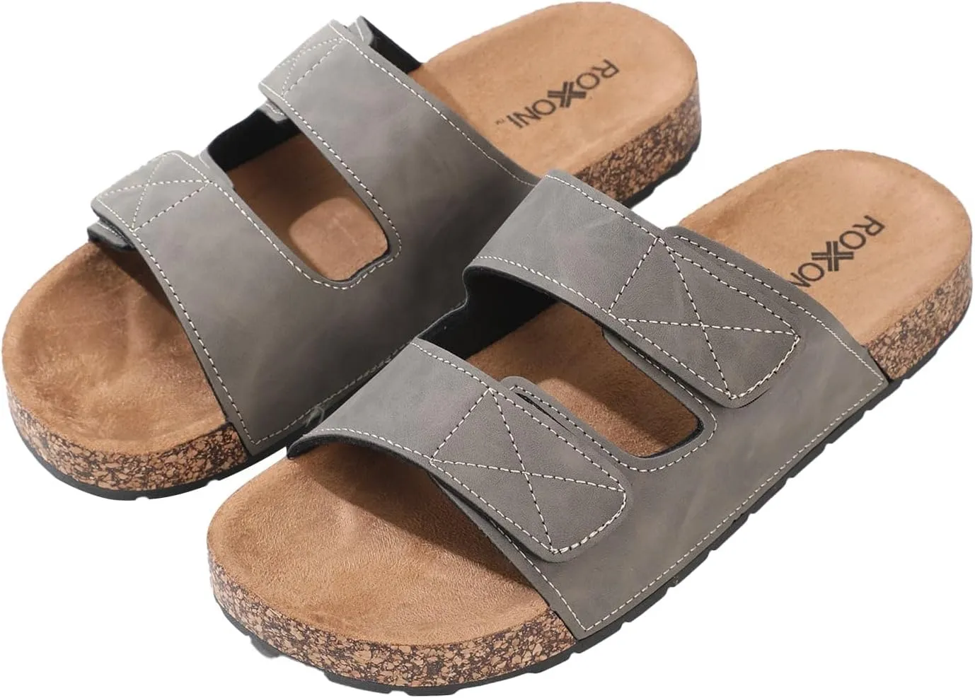Roxoni Men's Dual Velco Straps Suede Covered Moulded Faux Cork Midsole Eva Rubber Sole