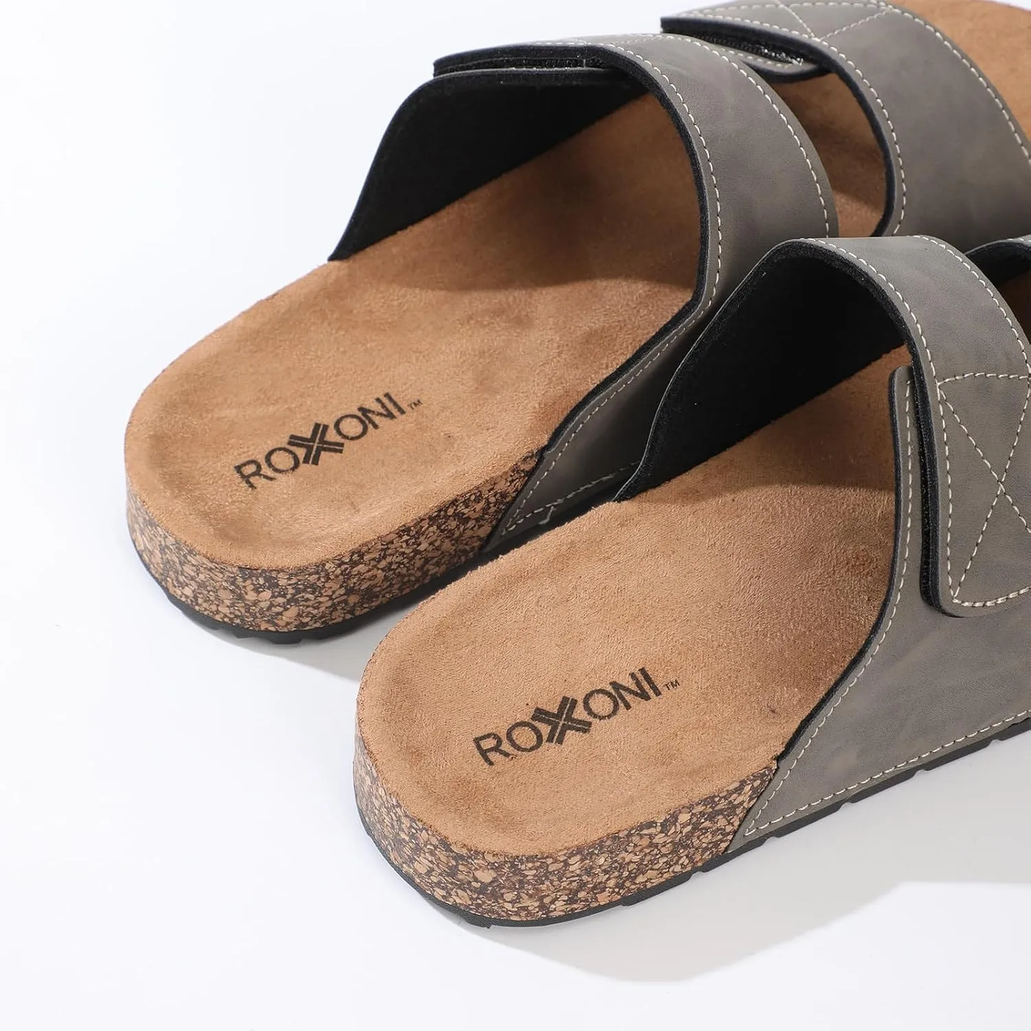 Roxoni Men's Dual Velco Straps Suede Covered Moulded Faux Cork Midsole Eva Rubber Sole