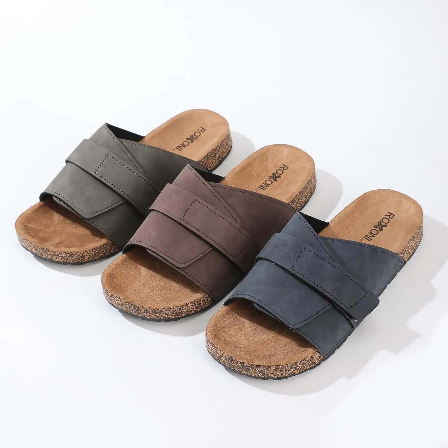 Roxoni Men's Dual Velco Straps Suede Covered Moulded Faux Cork Midsole Eva Rubber Sole