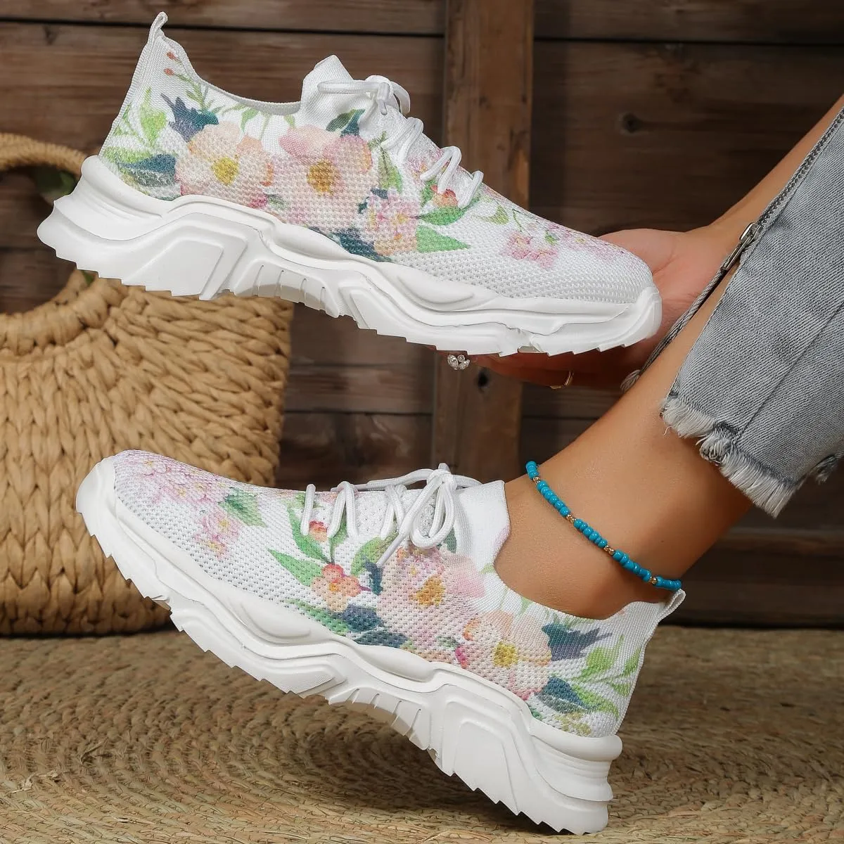 RZDYSQ Floral Print Lace-up Breathable Orthopedic Sneakers, Women's Mesh Breathable Orthopedic Sneakers