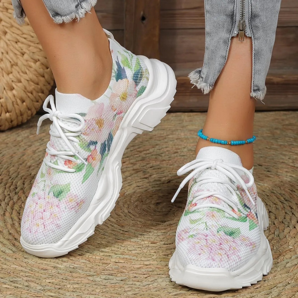 RZDYSQ Floral Print Lace-up Breathable Orthopedic Sneakers, Women's Mesh Breathable Orthopedic Sneakers