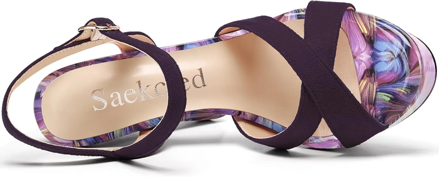 Saekcted Womens Chunky Block High Heel Open Toe Platform Ankle Strap Sandals Cross-Strap Patchwork Dress Shoes Casual Summer 5.1 Inches Heels
