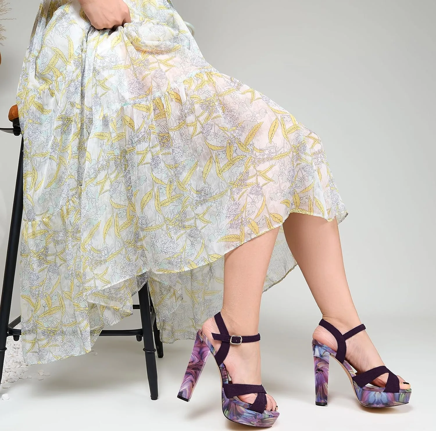 Saekcted Womens Chunky Block High Heel Open Toe Platform Ankle Strap Sandals Cross-Strap Patchwork Dress Shoes Casual Summer 5.1 Inches Heels
