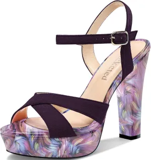 Saekcted Womens Chunky Block High Heel Open Toe Platform Ankle Strap Sandals Cross-Strap Patchwork Dress Shoes Casual Summer 5.1 Inches Heels
