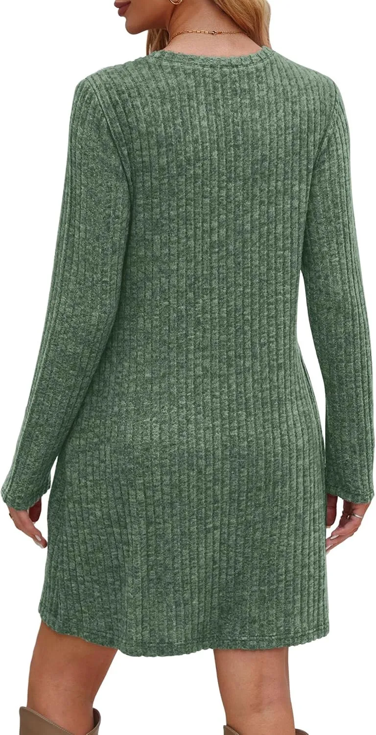 Saloogoe Long Sleeve Dress for Women Tunic Sweater Dresses with Pockets Fashion 2024 Buttons Side