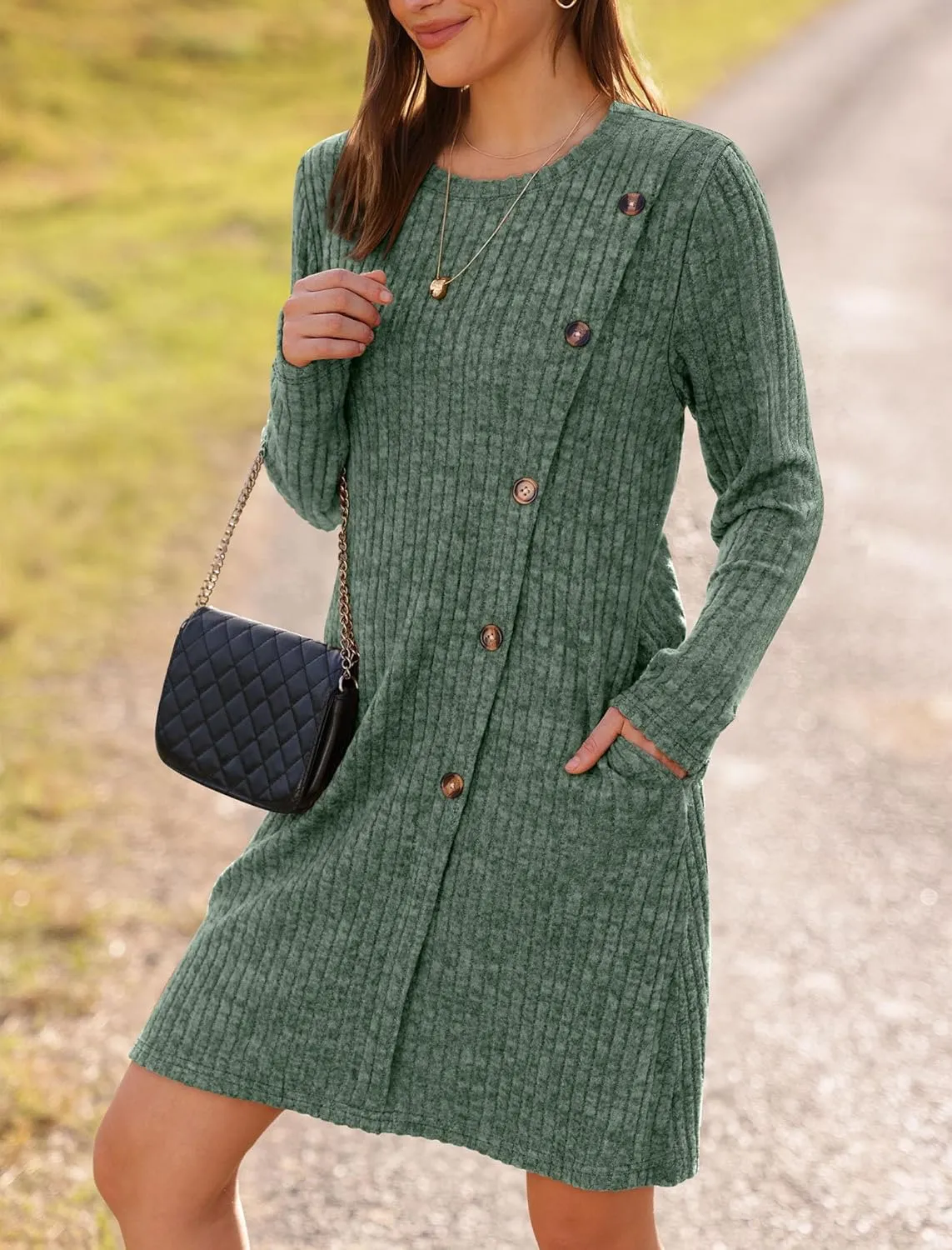 Saloogoe Long Sleeve Dress for Women Tunic Sweater Dresses with Pockets Fashion 2024 Buttons Side