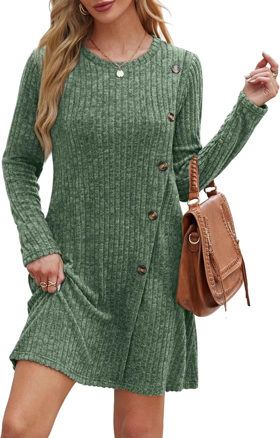Saloogoe Long Sleeve Dress for Women Tunic Sweater Dresses with Pockets Fashion 2024 Buttons Side