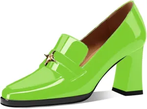 sarawill Women's Chunky High Heel Loafers Closed Square Toe Block Heel Pumps with Metal Buckle Comfortable Slip-On Business Work Dress Shoes