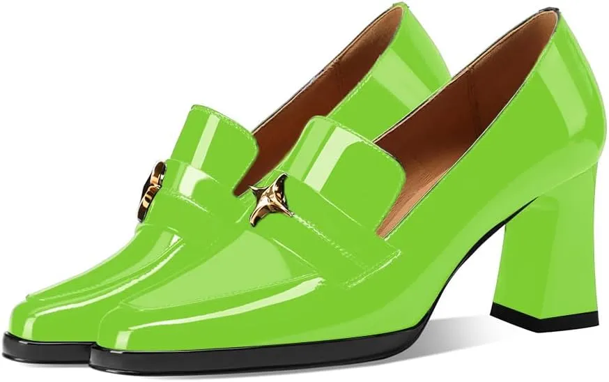 sarawill Women's Chunky High Heel Loafers Closed Square Toe Block Heel Pumps with Metal Buckle Comfortable Slip-On Business Work Dress Shoes