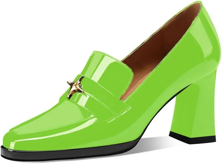 sarawill Women's Chunky High Heel Loafers Closed Square Toe Block Heel Pumps with Metal Buckle Comfortable Slip-On Business Work Dress Shoes