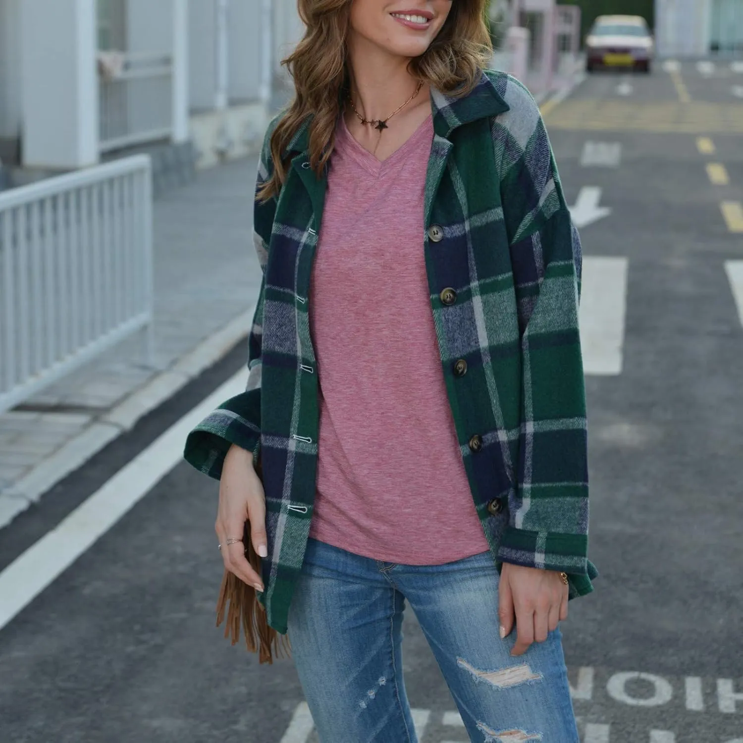 Shacket Jacket Women Casual Flannel Plaid Long Sleeve Lapel Button Down Shirts Fall Wool Blend Coat with Pockets