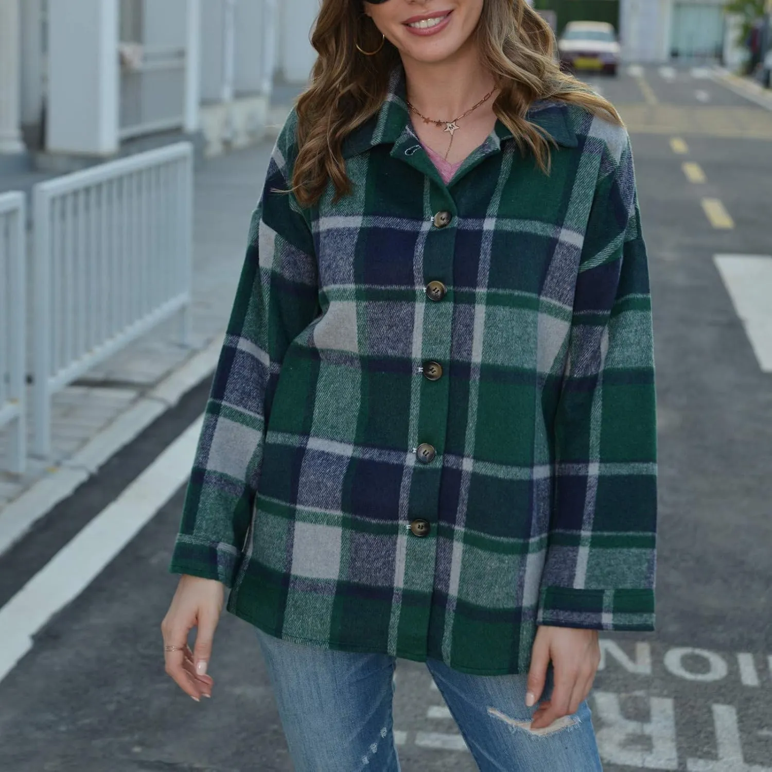 Shacket Jacket Women Casual Flannel Plaid Long Sleeve Lapel Button Down Shirts Fall Wool Blend Coat with Pockets