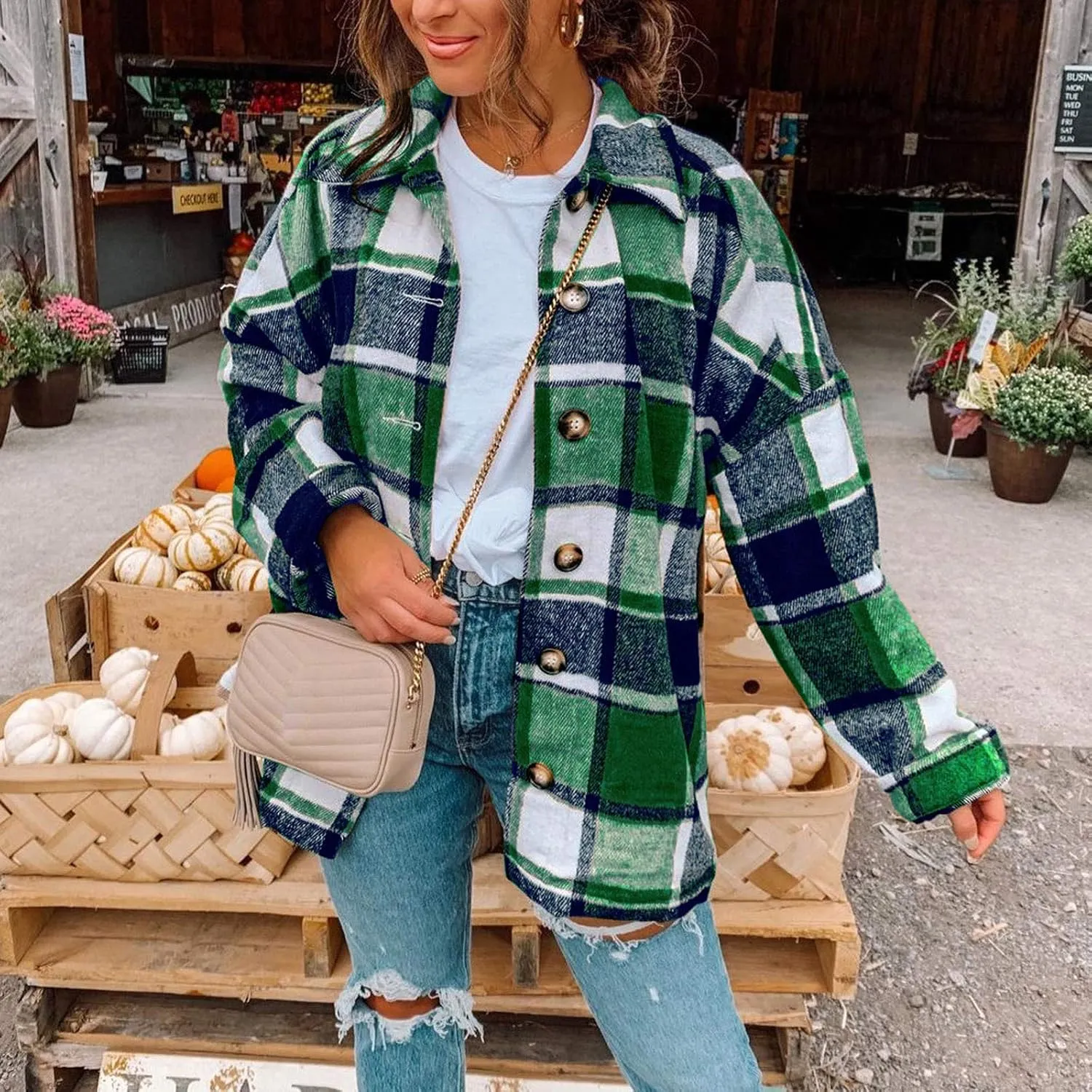 Shacket Jacket Women Casual Flannel Plaid Long Sleeve Lapel Button Down Shirts Fall Wool Blend Coat with Pockets