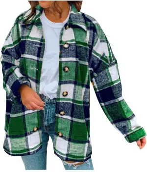 Shacket Jacket Women Casual Flannel Plaid Long Sleeve Lapel Button Down Shirts Fall Wool Blend Coat with Pockets