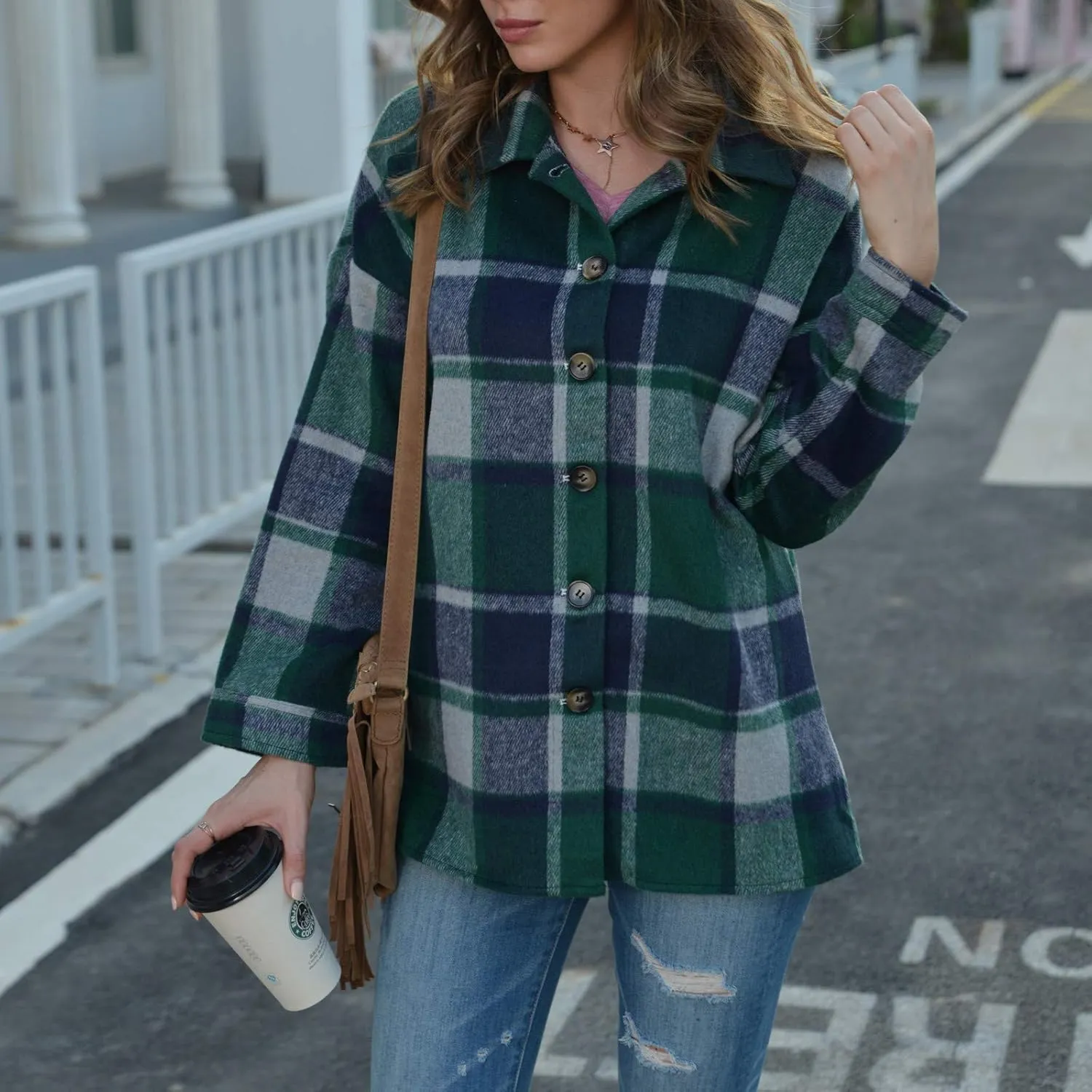 Shacket Jacket Women Casual Flannel Plaid Long Sleeve Lapel Button Down Shirts Fall Wool Blend Coat with Pockets