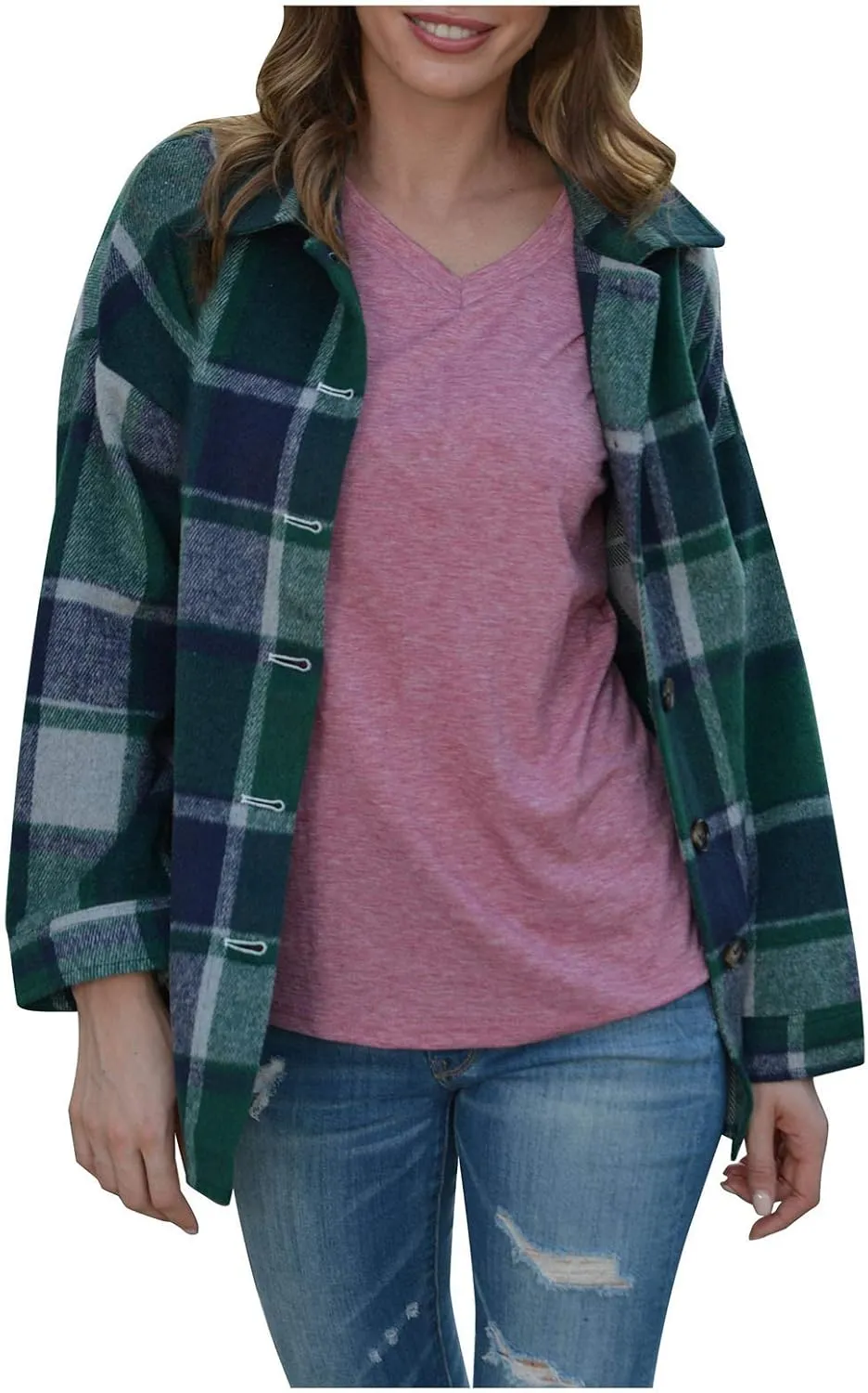 Shacket Jacket Women Casual Flannel Plaid Long Sleeve Lapel Button Down Shirts Fall Wool Blend Coat with Pockets
