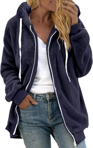 Sherpa Fleece Jacket For Women Full Zip Oversized Long Sleeve Hooded Fuzzy Cardigan Coat Fashion Winter Outwear