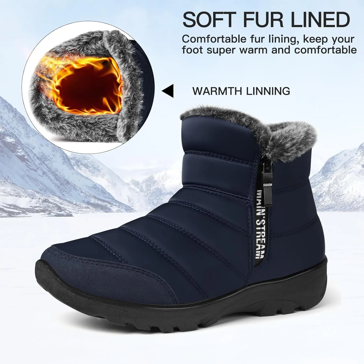 SHIBEVER Women Winter Snow Boots: Womens Waterproof Fur Lined Warm Boot Outdoor Walking Comfortable Slip On Zipper Ankle Booties