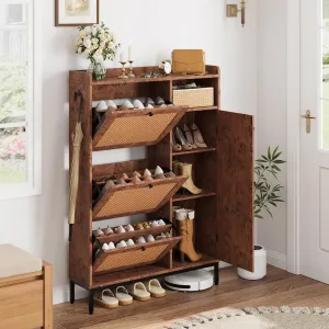 Shoe Cabinet Rattan with 3 Flip Drawers and 4-Tier Shoe Storage Cabinet, Freestanding Shoe Organizer with Adjustable Shelves for Entryway, Closet, Hallway (Pomegranate)