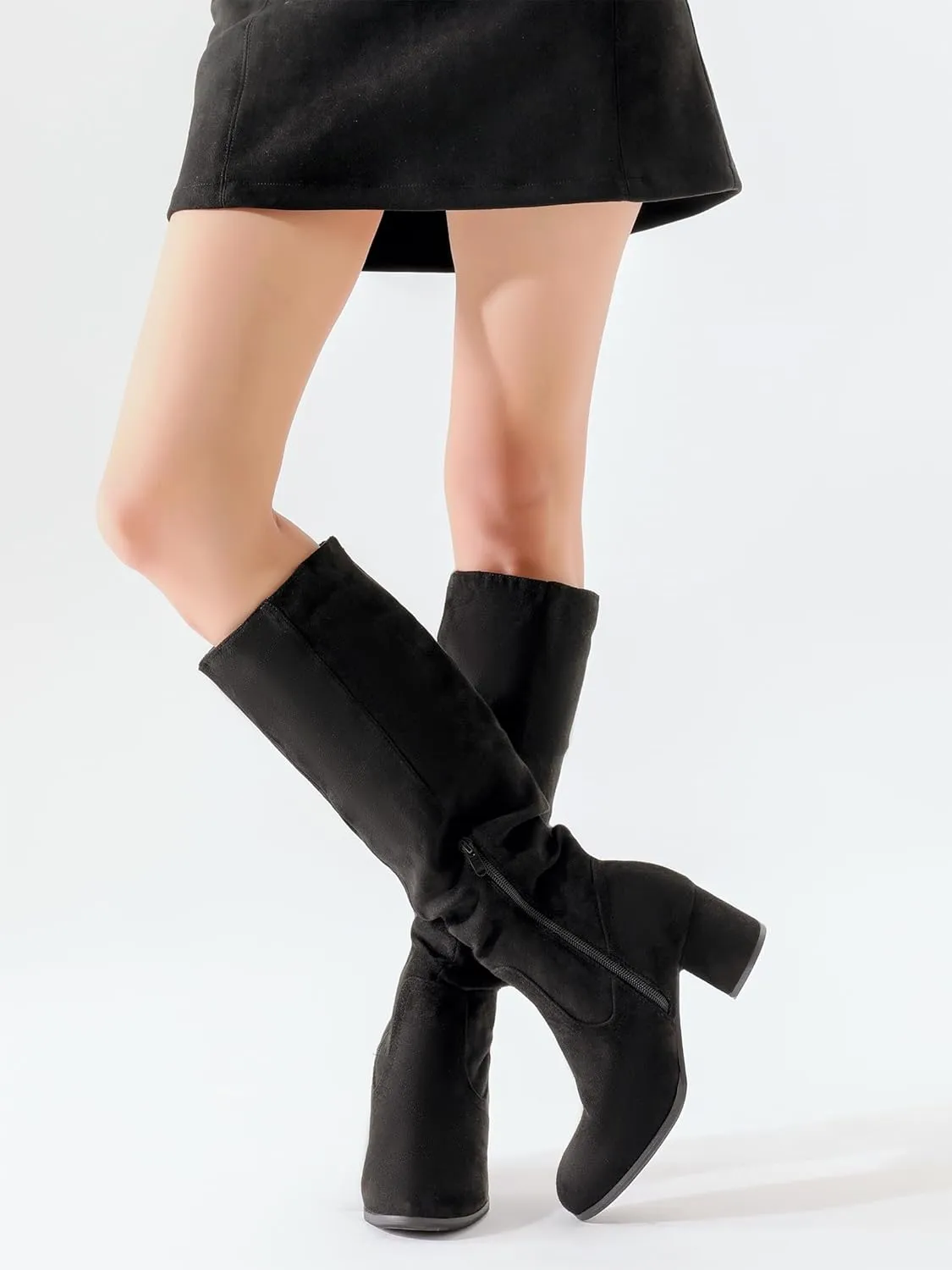 Shoe'N Tale Women's Knee High Boots Chunky Heel Pointed Toe Suede Slouch Winter Shoes with Side Zipper