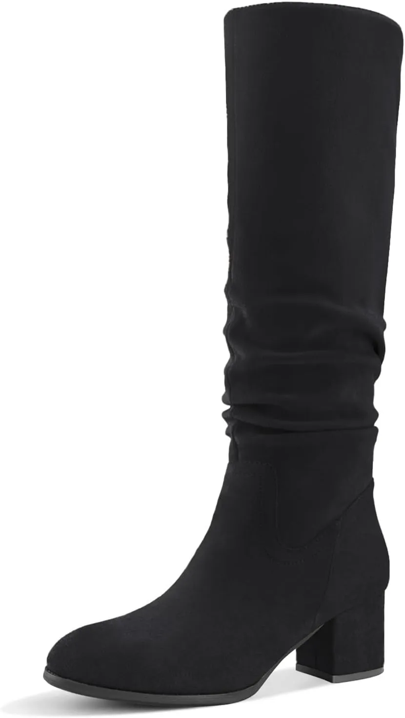 Shoe'N Tale Women's Knee High Boots Chunky Heel Pointed Toe Suede Slouch Winter Shoes with Side Zipper