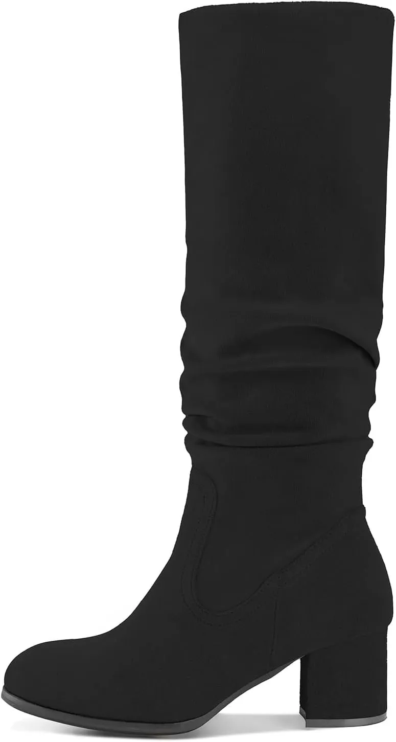 Shoe'N Tale Women's Knee High Boots Chunky Heel Pointed Toe Suede Slouch Winter Shoes with Side Zipper