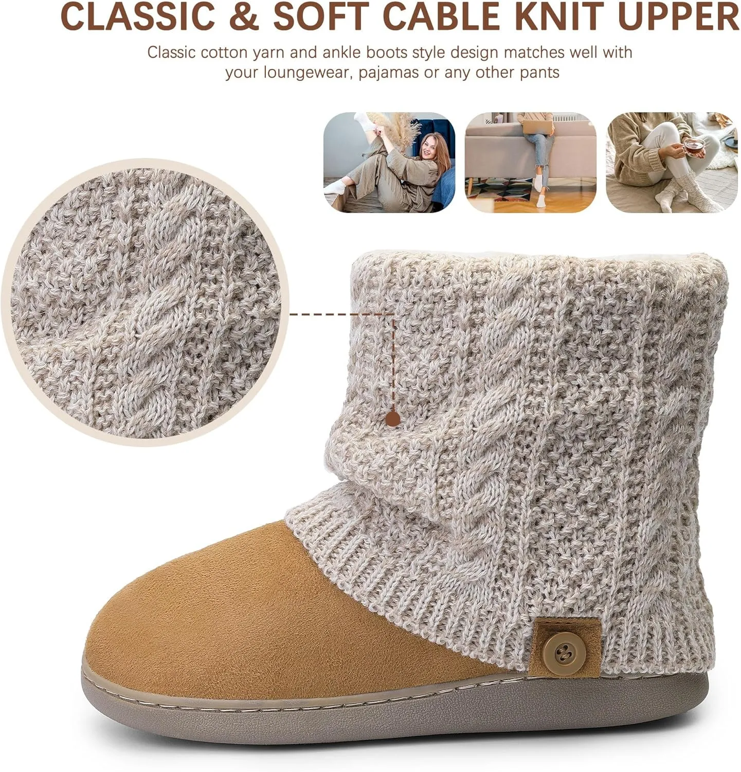 shoeslocker Women's Boots Slippers Fuzzy Memory Foam with Indoor Outdoor Rubber Sole Boots House Shoes Boots House Shoes