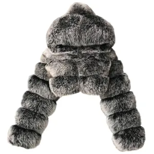 Short Faux Fur Coat for Women Zipper Up Hooded Shaggy Warm Elegant Long Sleeve Winter Fashion Cropped Furry Jacket