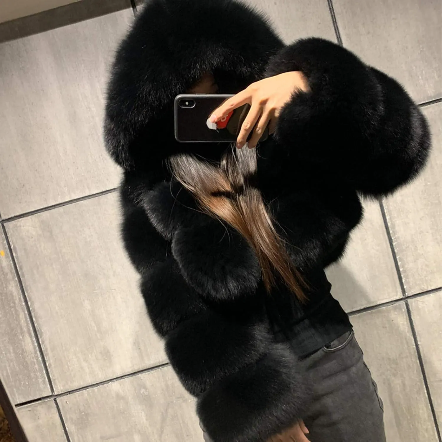 Short Faux Fur Coat for Women Zipper Up Hooded Shaggy Warm Elegant Long Sleeve Winter Fashion Cropped Furry Jacket