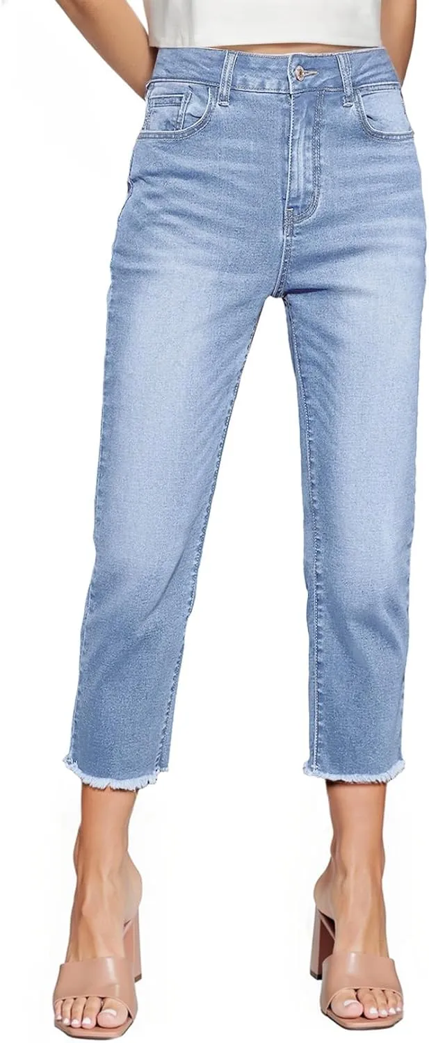 Sidefeel Women's Capri Jeans High Waisted 2025 Spring Fashion Straight Leg Raw Hem Denim Capri Pants
