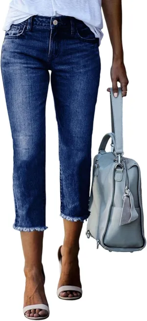 Sidefeel Women's Capri Jeans High Waisted 2025 Spring Fashion Straight Leg Raw Hem Denim Capri Pants