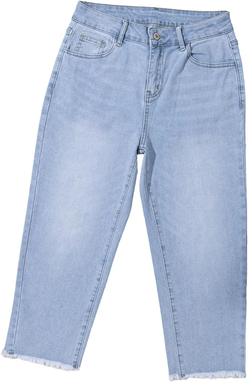 Sidefeel Women's Capri Jeans High Waisted 2025 Spring Fashion Straight Leg Raw Hem Denim Capri Pants