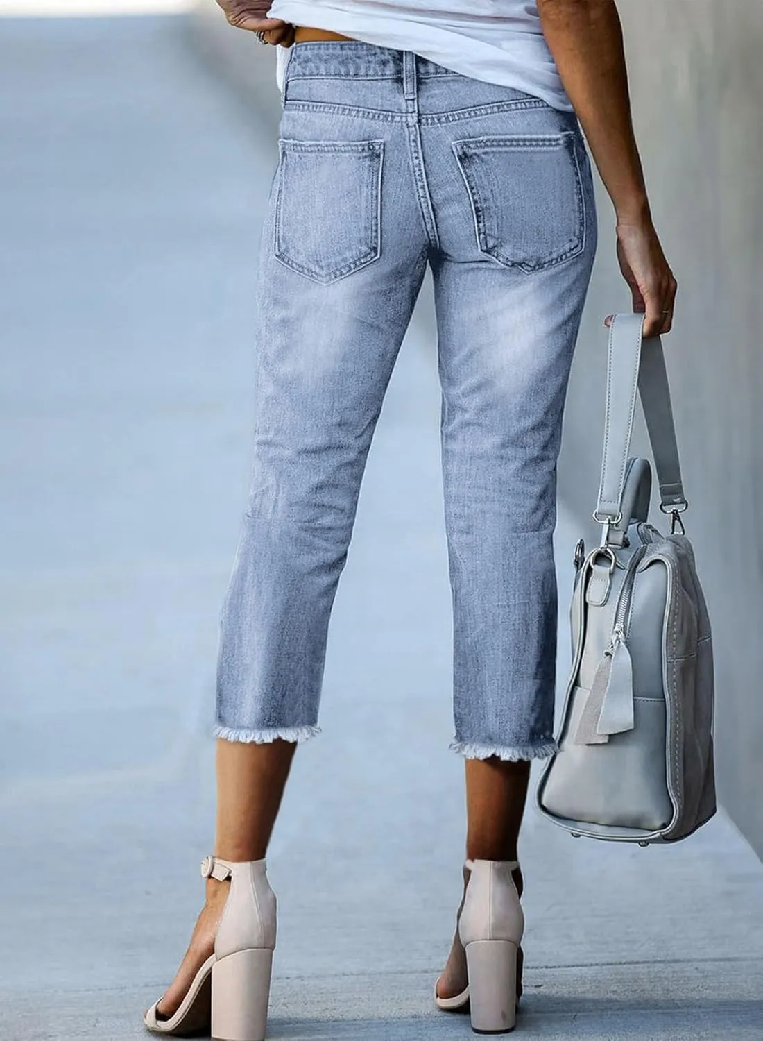 Sidefeel Women's Capri Jeans High Waisted 2025 Spring Fashion Straight Leg Raw Hem Denim Capri Pants