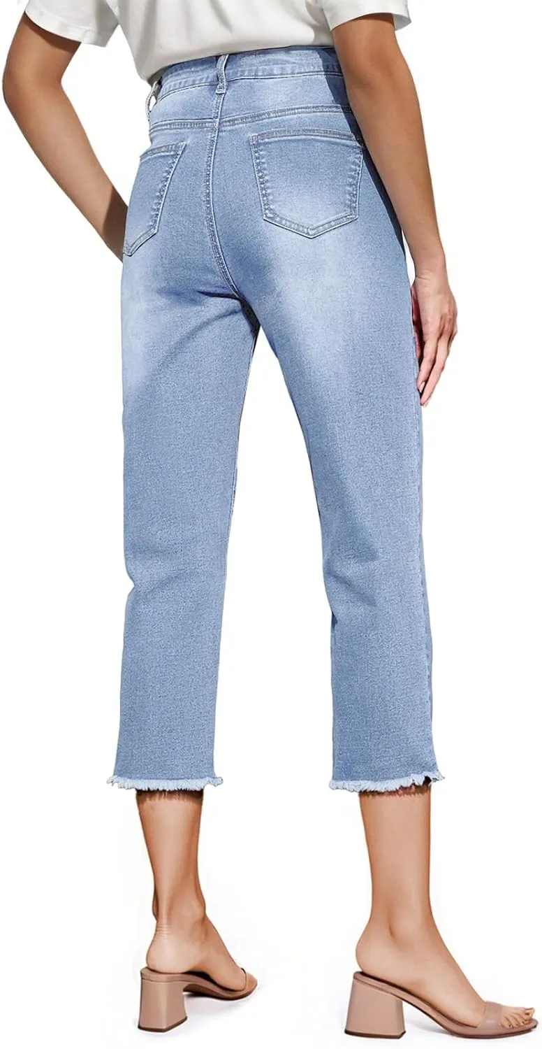 Sidefeel Women's Capri Jeans High Waisted 2025 Spring Fashion Straight Leg Raw Hem Denim Capri Pants