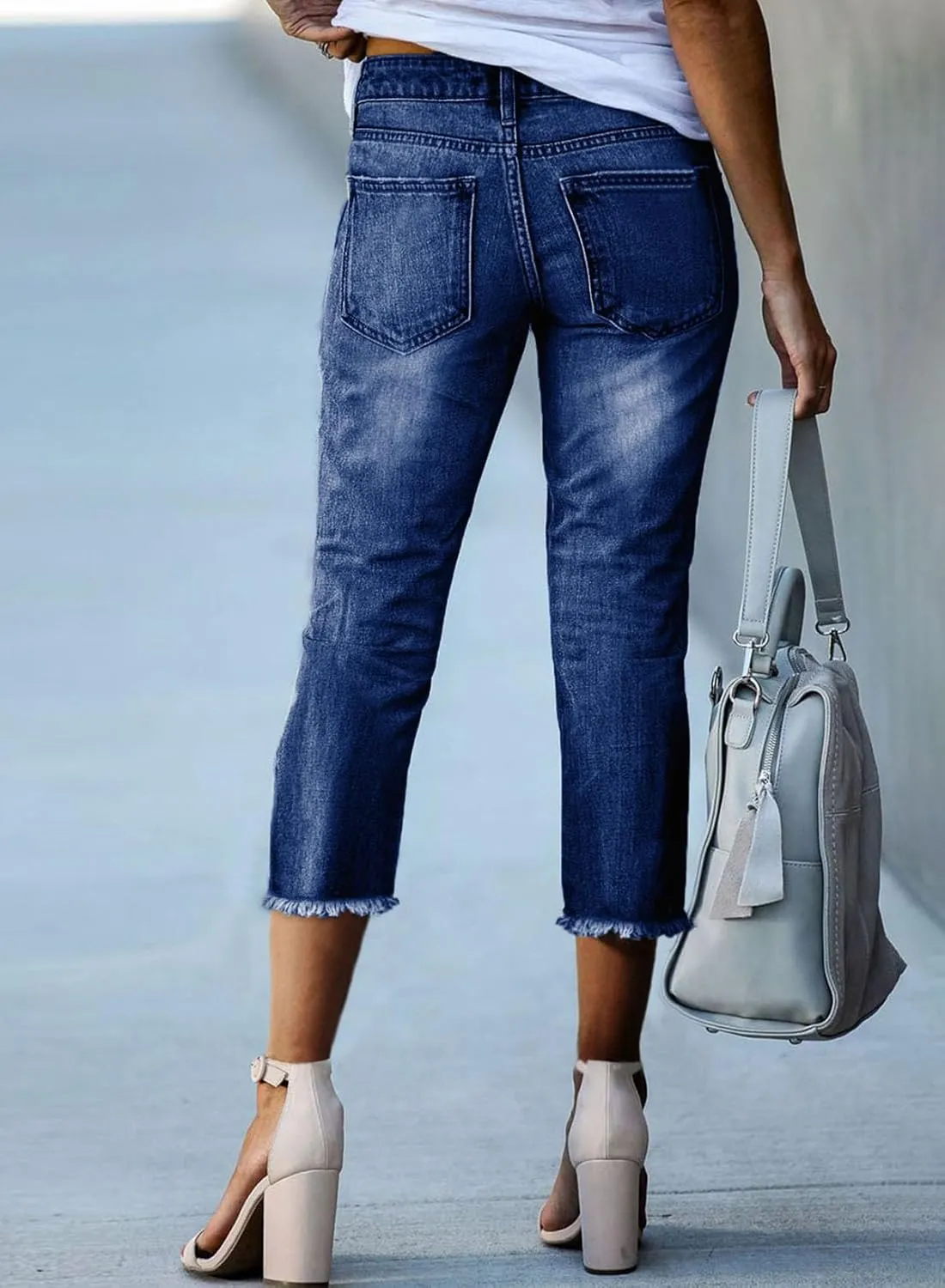 Sidefeel Women's Capri Jeans High Waisted 2025 Spring Fashion Straight Leg Raw Hem Denim Capri Pants