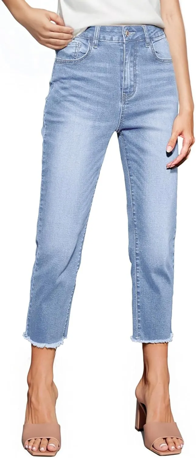 Sidefeel Women's Capri Jeans High Waisted 2025 Spring Fashion Straight Leg Raw Hem Denim Capri Pants