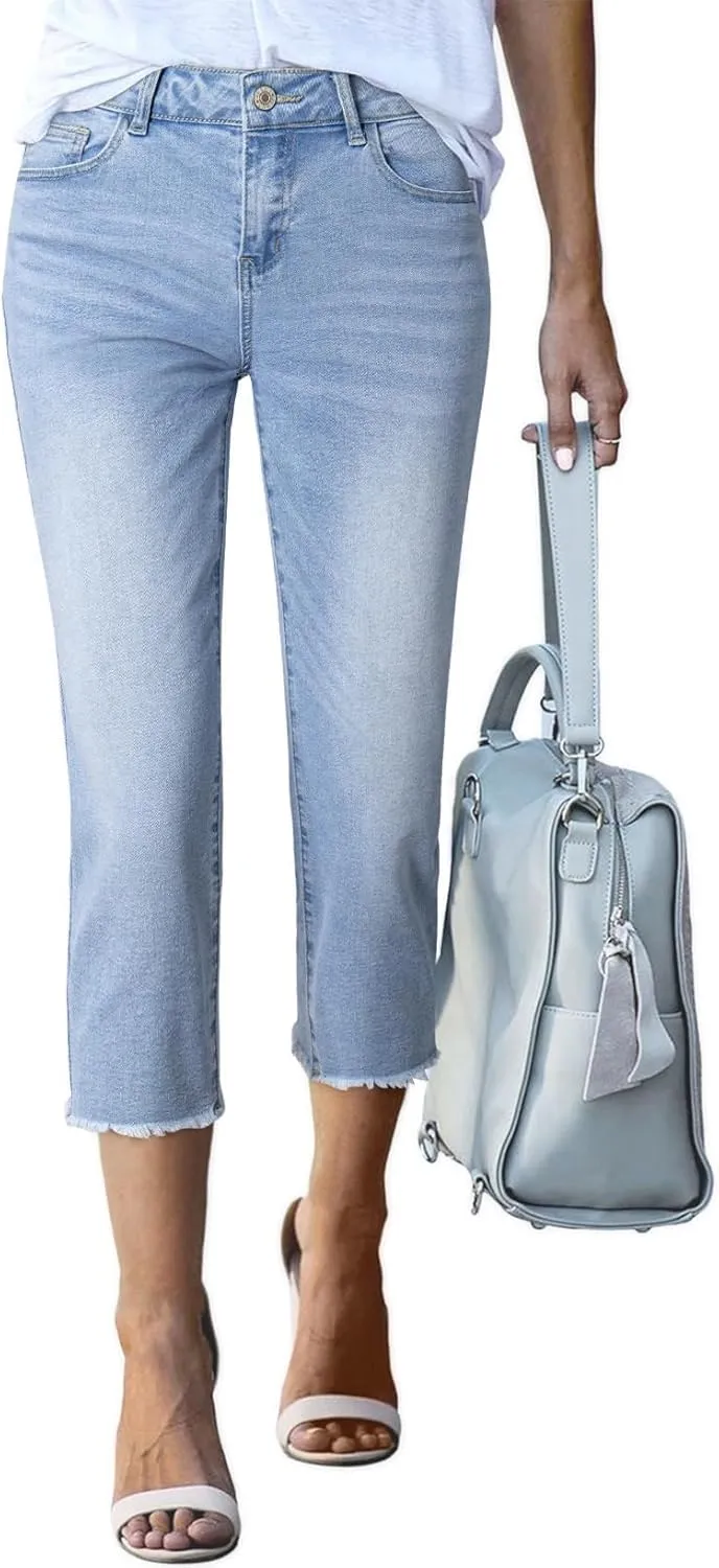 Sidefeel Women's Capri Jeans High Waisted 2025 Spring Fashion Straight Leg Raw Hem Denim Capri Pants