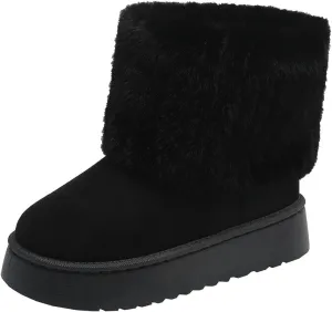 SIFINELAR Women's Furry Faux Fur Boots Fuzzy Mid Calf Snow Boots Round Toe Suede Warm Fur Lined Boots Platform Flat Comfortable Outdoor Winter Fashion Boots