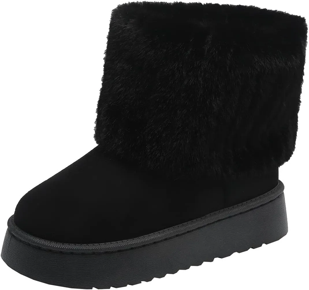 SIFINELAR Women's Furry Faux Fur Boots Fuzzy Mid Calf Snow Boots Round Toe Suede Warm Fur Lined Boots Platform Flat Comfortable Outdoor Winter Fashion Boots