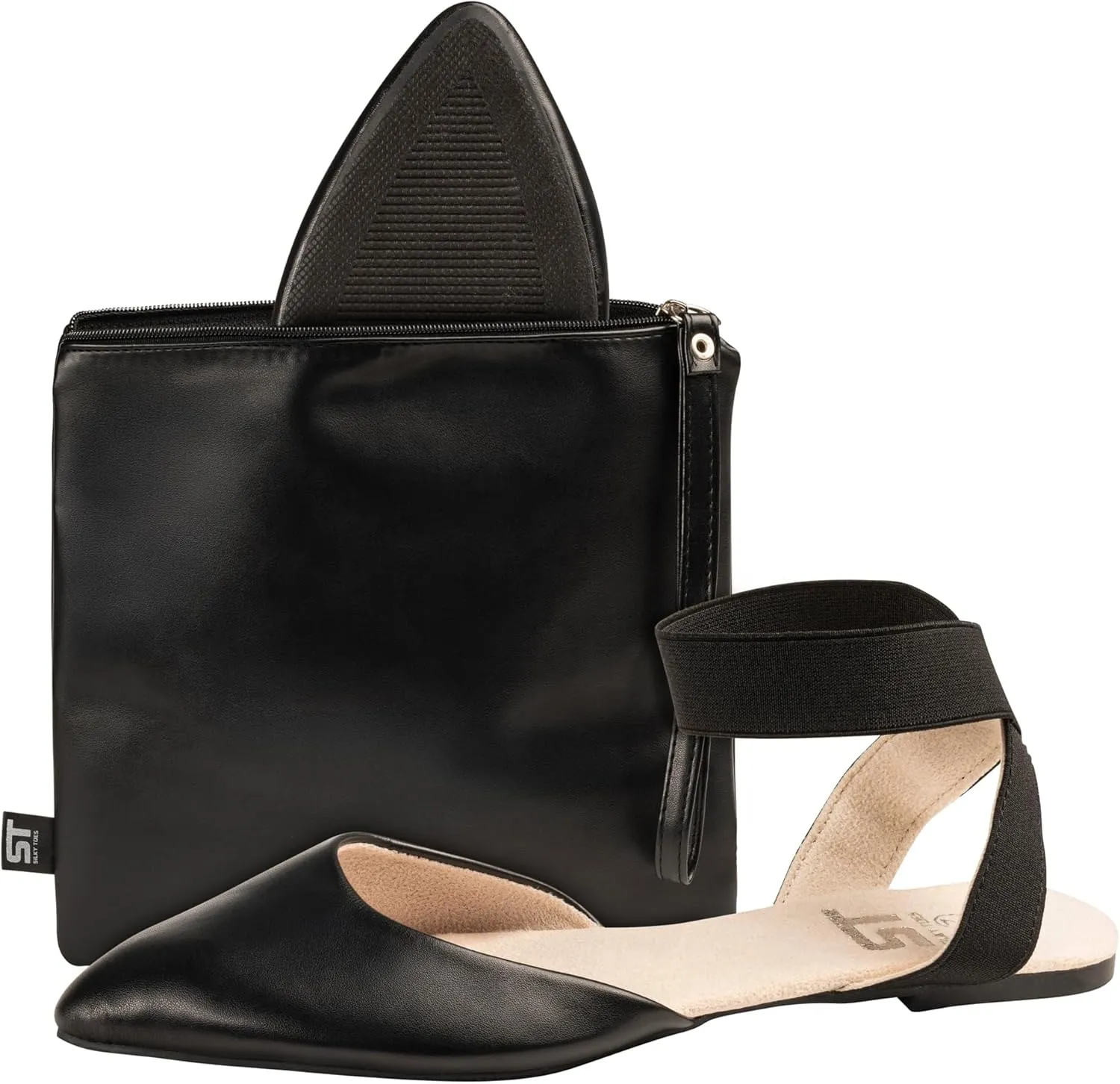 Silky Toes Foldable Flats for Women Dress Ankle Strap Shoes with Purse