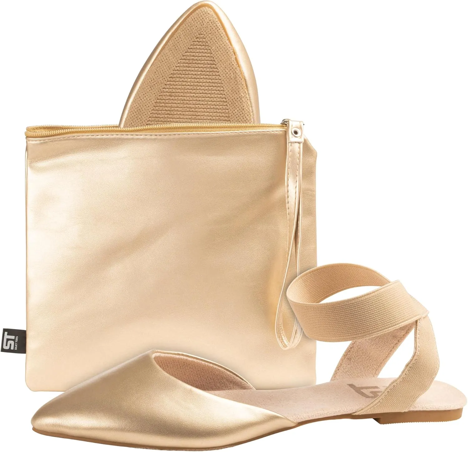 Silky Toes Foldable Flats for Women Dress Ankle Strap Shoes with Purse