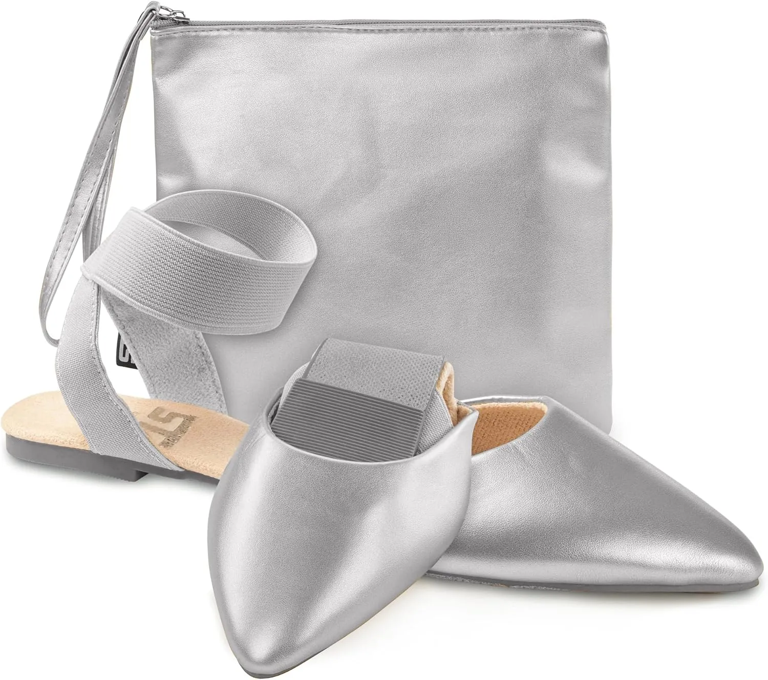 Silky Toes Foldable Flats for Women Dress Ankle Strap Shoes with Purse