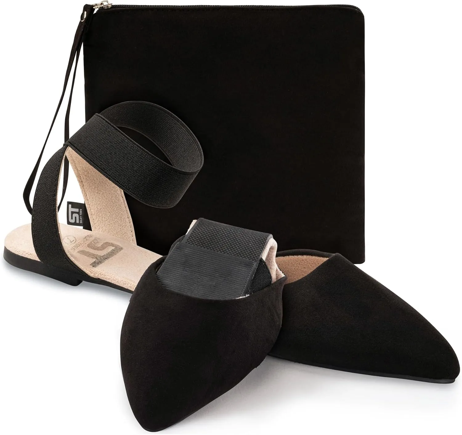 Silky Toes Foldable Flats for Women Dress Ankle Strap Shoes with Purse