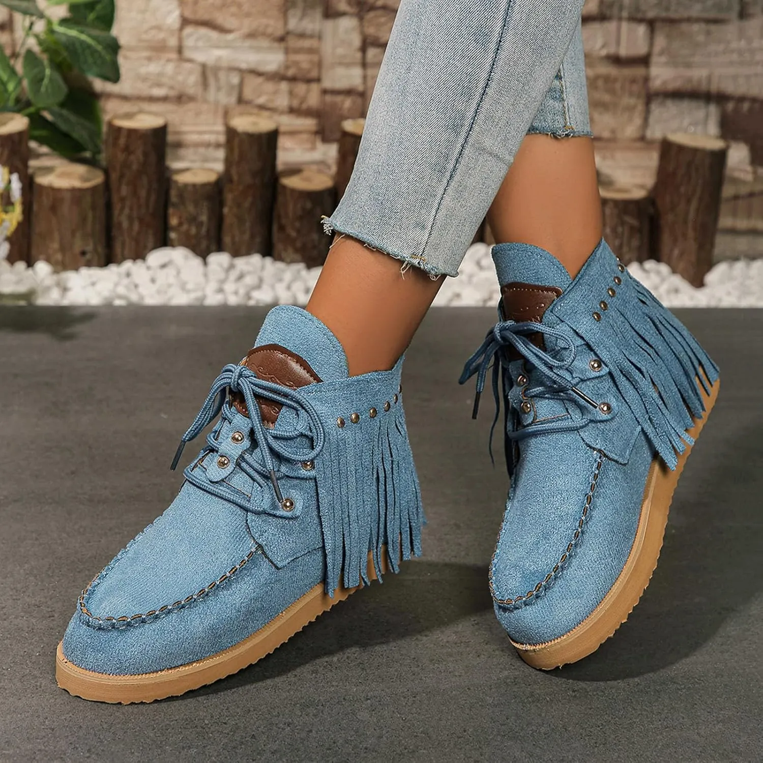 Sinzelimin Women Cowboy Boots Trendy Flock Tassels Lace up Ankle Boot Comfy Platform Walking Shoes, Fall Boots for Women 2024