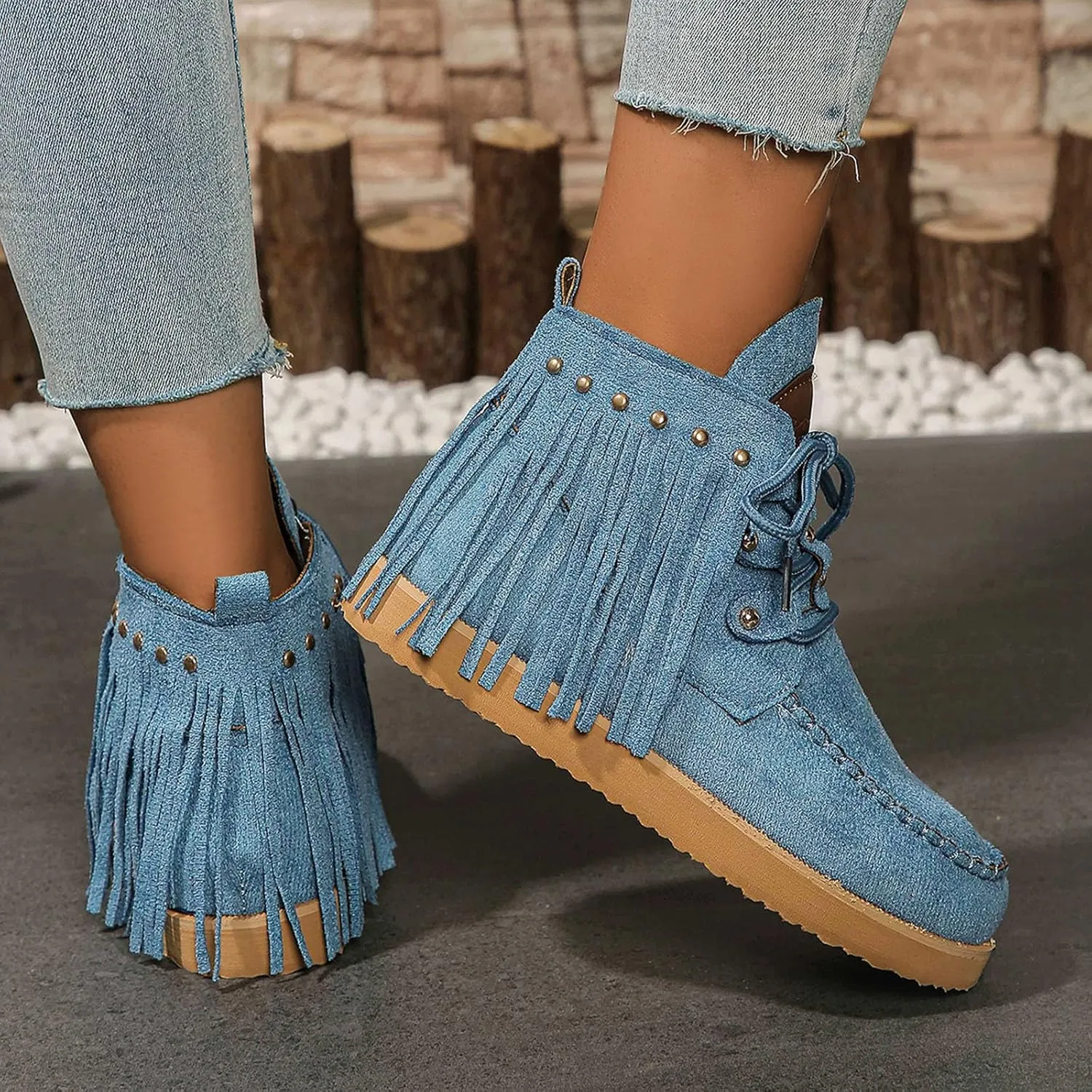Sinzelimin Women Cowboy Boots Trendy Flock Tassels Lace up Ankle Boot Comfy Platform Walking Shoes, Fall Boots for Women 2024