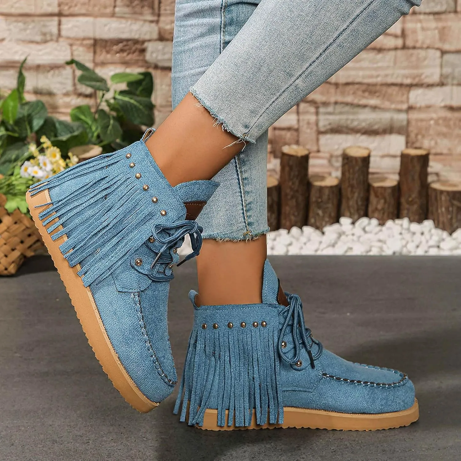 Sinzelimin Women Cowboy Boots Trendy Flock Tassels Lace up Ankle Boot Comfy Platform Walking Shoes, Fall Boots for Women 2024