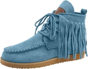 Sinzelimin Women Cowboy Boots Trendy Flock Tassels Lace up Ankle Boot Comfy Platform Walking Shoes, Fall Boots for Women 2024