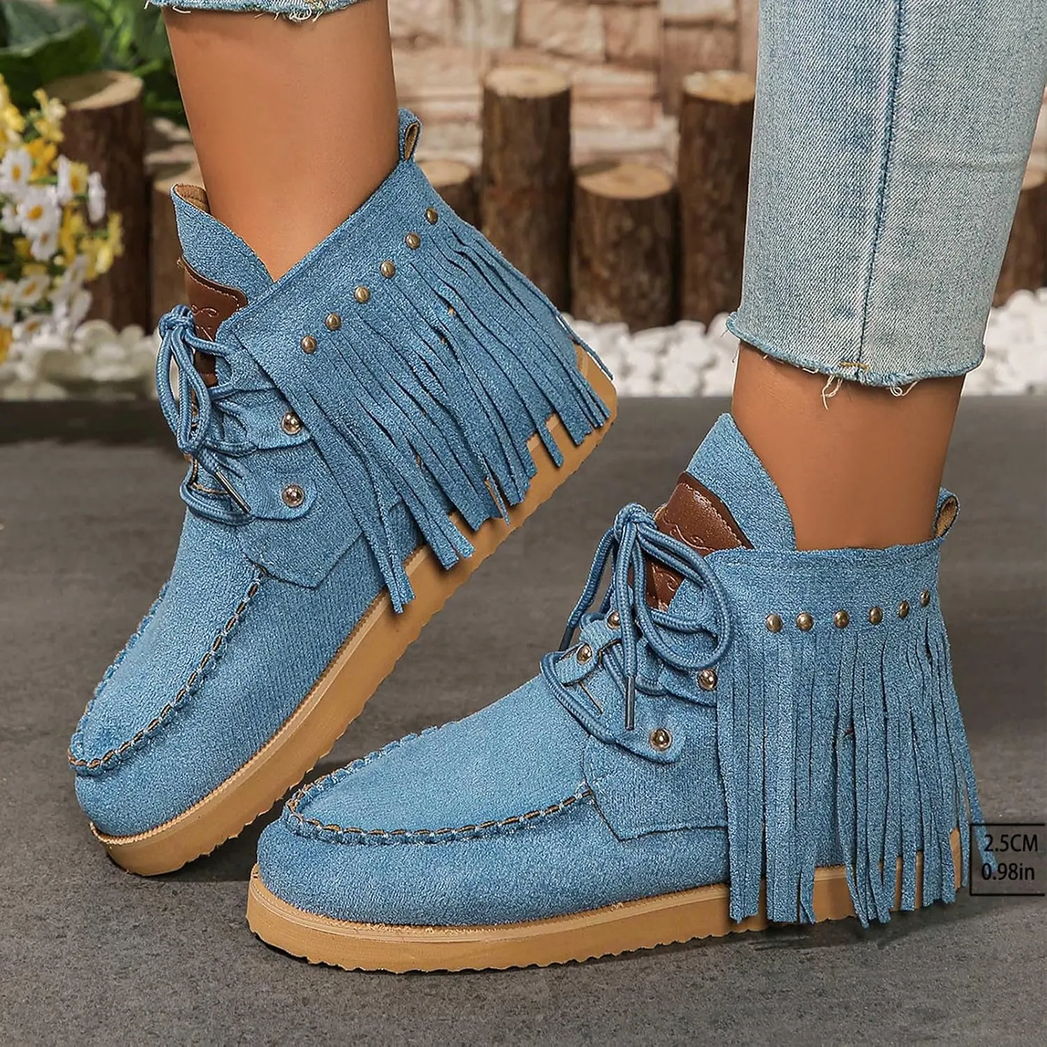 Sinzelimin Women Cowboy Boots Trendy Flock Tassels Lace up Ankle Boot Comfy Platform Walking Shoes, Fall Boots for Women 2024