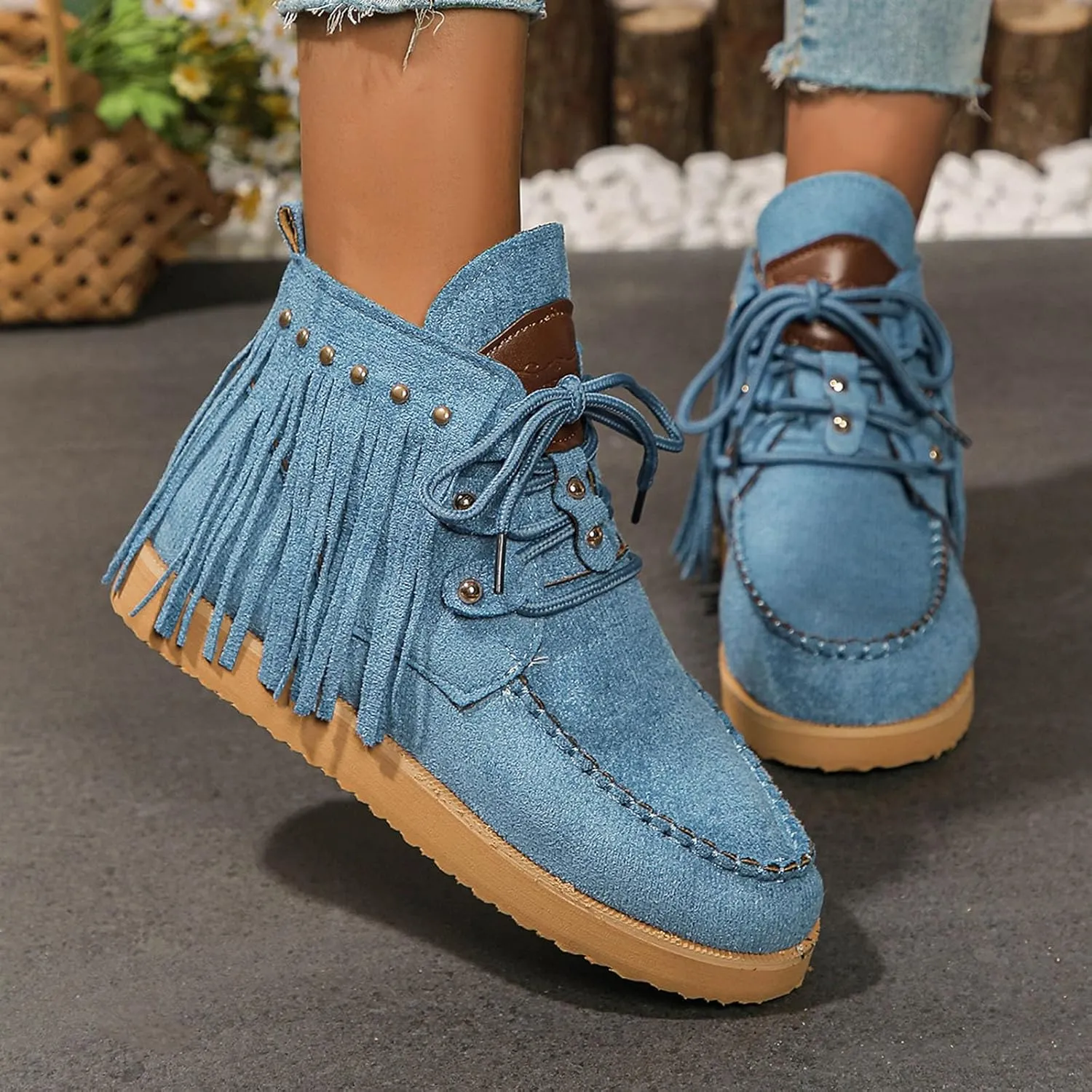 Sinzelimin Women Cowboy Boots Trendy Flock Tassels Lace up Ankle Boot Comfy Platform Walking Shoes, Fall Boots for Women 2024